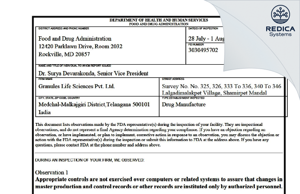 FDA 483 - GRANULES LIFE SCIENCES PRIVATE LIMITED [Shamirpet / India] - Download PDF - Redica Systems