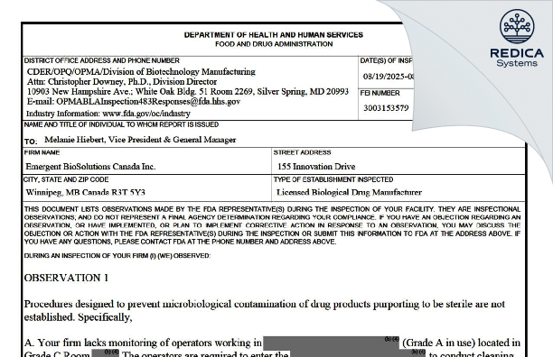 FDA 483 - Emergent BioSolutions Canada Inc [Winnipeg / Canada] - Download PDF - Redica Systems