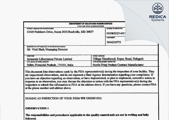 FDA 483 - Immacule Lifesciences Private Limited [Nalagarh / India] - Download PDF - Redica Systems