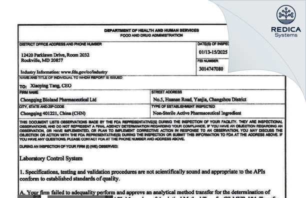 FDA 483 - Chongqing Bioland Pharmaceutical Ltd. [Yanjia / China] - Download PDF - Redica Systems