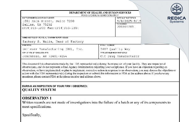 FDA 483 - Unilever Manufacturing (US), Inc. [Jonesboro / United States of America] - Download PDF - Redica Systems