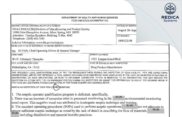 FDA 483 - WuXi Advanced Therapies Inc. [Philadelphia / United States of America] - Download PDF - Redica Systems