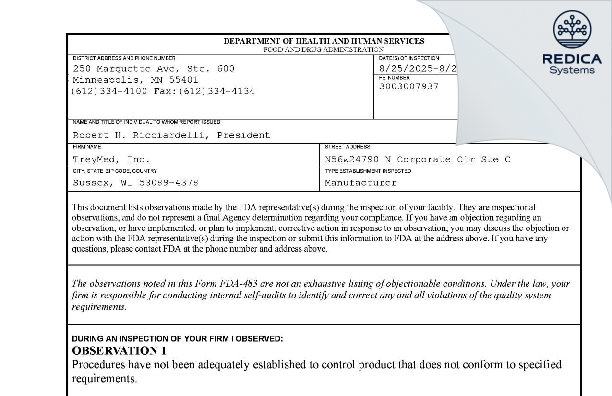 FDA 483 - TreyMed, Inc. [Sussex / United States of America] - Download PDF - Redica Systems