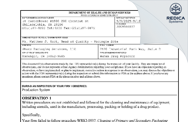 FDA 483 - Sharp Packaging Services, LLC [Macungie / United States of America] - Download PDF - Redica Systems