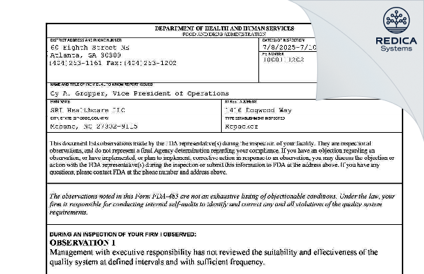 FDA 483 - Synergy Health North America [Mebane / United States of America] - Download PDF - Redica Systems