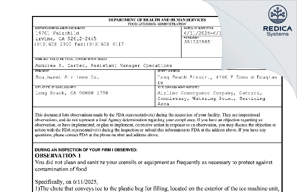 FDA 483 - Southwest Airlines Co. [Long Beach / United States of America] - Download PDF - Redica Systems