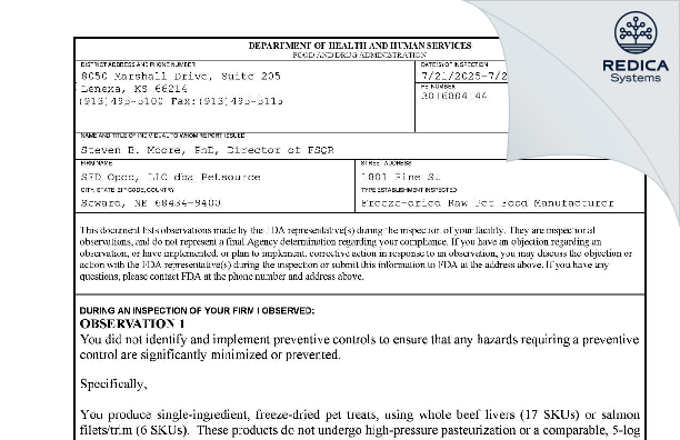 FDA 483 - SFD Opco, LLC [Seward / United States of America] - Download PDF - Redica Systems