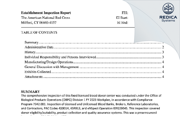 EIR - The American National Red Cross [Milford / United States of America] - Download PDF - Redica Systems