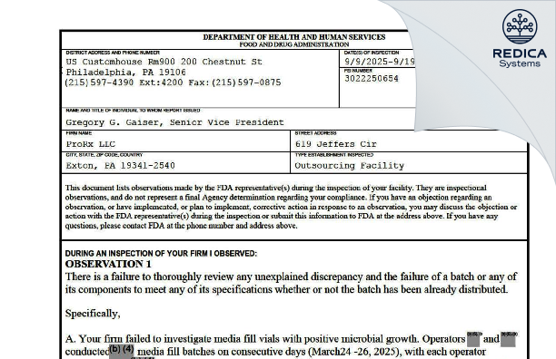 FDA 483 - ProRx LLC [Exton / United States of America] - Download PDF - Redica Systems