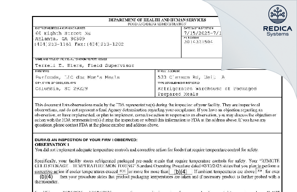 FDA 483 - Purfoods, LLC DBA Mom's Meals [Columbia / United States of America] - Download PDF - Redica Systems