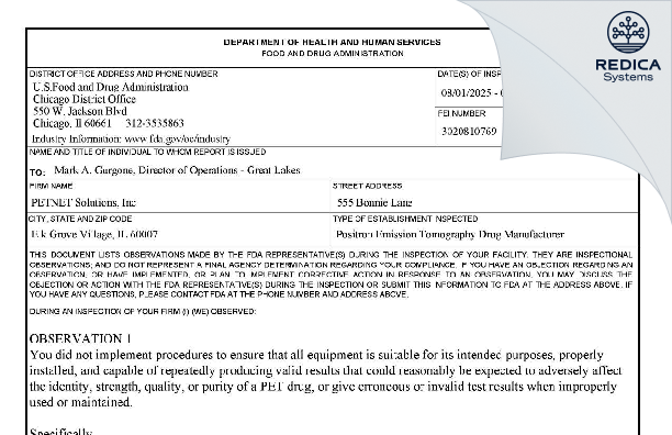 FDA 483 - PETNET SOLUTIONS, INC. [Elk Grove Village / United States of America] - Download PDF - Redica Systems