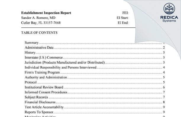 EIR - Sandor A. Romero, MD [Cutler Bay / United States of America] - Download PDF - Redica Systems