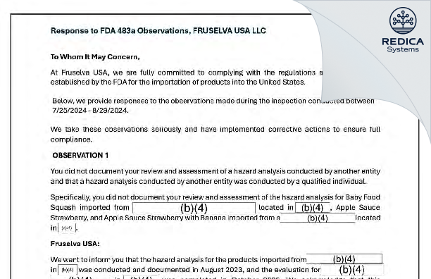 FDA 483 Response - FRUSELVA USA [Miami / United States of America] - Download PDF - Redica Systems
