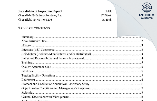 EIR - Greenfield Pathology Services, Inc. [Greenfield / United States of America] - Download PDF - Redica Systems