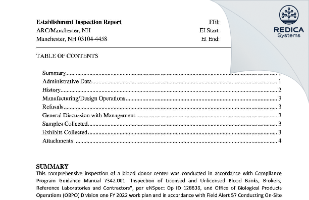 EIR - ARC/Manchester, NH [Manchester / United States of America] - Download PDF - Redica Systems