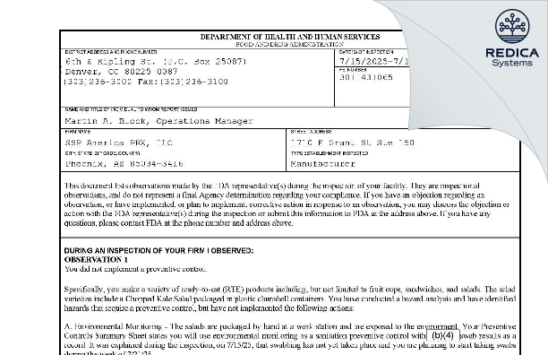 FDA 483 - SSP America PHX, LLC [Phoenix / United States of America] - Download PDF - Redica Systems