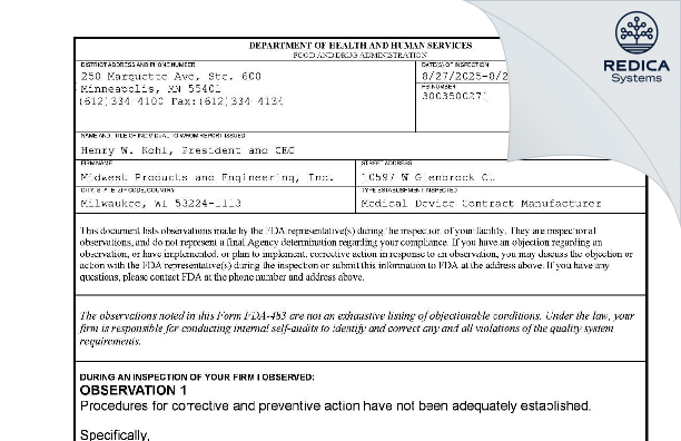 FDA 483 - Midwest Products and Engineering Inc [Milwaukee / United States of America] - Download PDF - Redica Systems