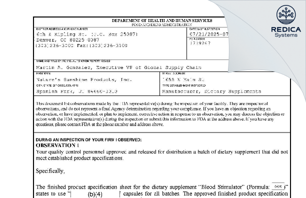 FDA 483 - Nature's Sunshine Products, Inc. [Spanish Fork / United States of America] - Download PDF - Redica Systems
