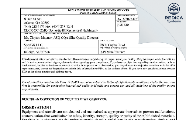 FDA 483 - SpecGx LLC [Raleigh / United States of America] - Download PDF - Redica Systems
