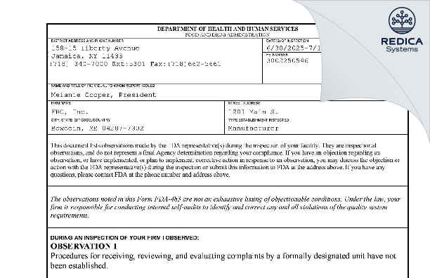 FDA 483 - FHC, Inc. [Bowdoin / United States of America] - Download PDF - Redica Systems