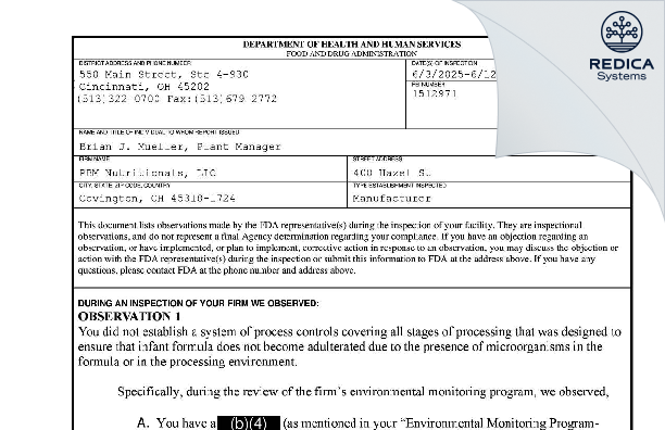 FDA 483 - PBM Nutritionals, LLC [Covington / United States of America] - Download PDF - Redica Systems