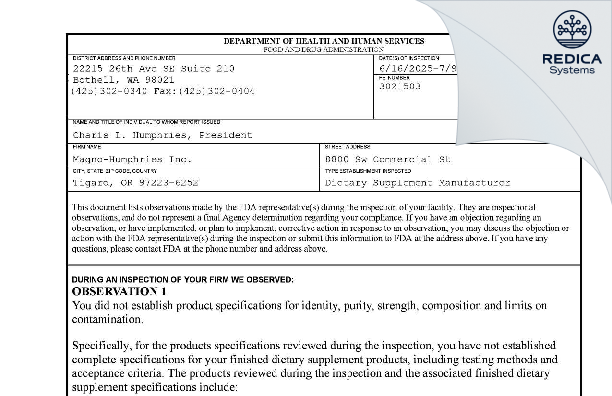 FDA 483 - Magno-Humphries, Inc. [Portland / United States of America] - Download PDF - Redica Systems
