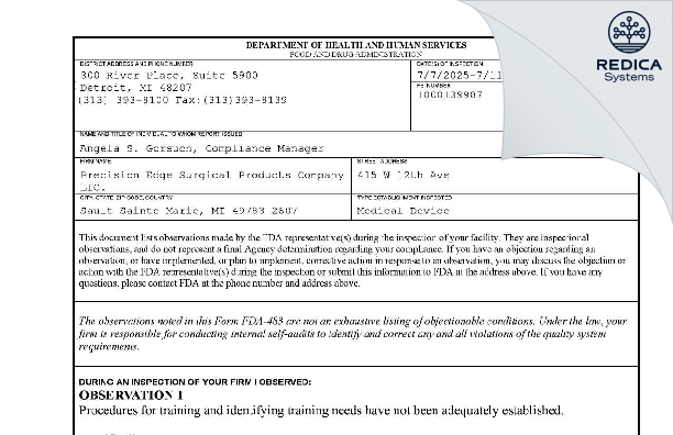 FDA 483 - PRECISION EDGE SURGICAL PRODUCTS COMPANY [Sault Sainte Marie / United States of America] - Download PDF - Redica Systems