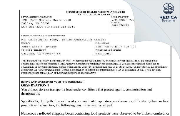 FDA 483 - Keefe Supply Company [Garland / United States of America] - Download PDF - Redica Systems