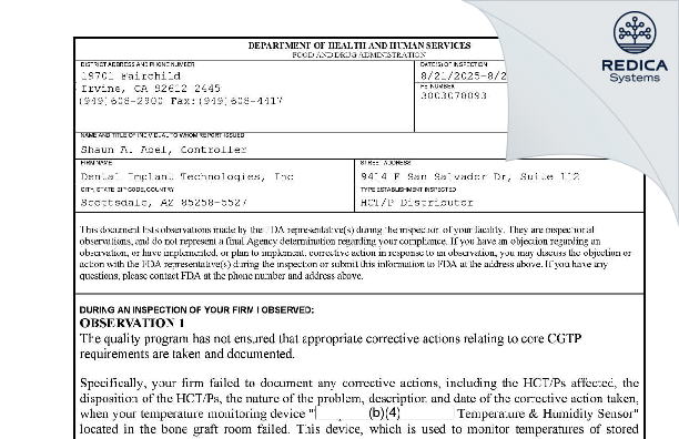 FDA 483 - Dental Implant Technologies, Inc [Scottsdale / United States of America] - Download PDF - Redica Systems