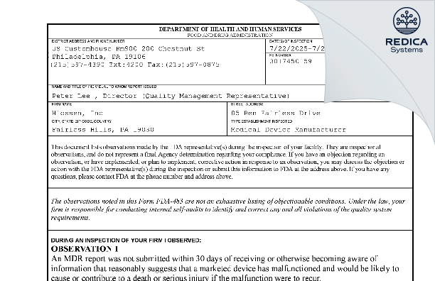 FDA 483 - HIOSSEN, INC. [Morrisville / United States of America] - Download PDF - Redica Systems