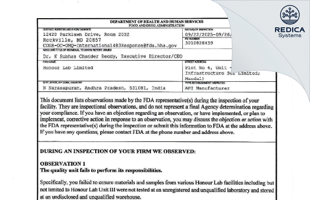 FDA 483 - Honour Lab Limited [Nakkapalle / India] - Download PDF - Redica Systems
