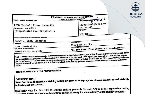 FDA 483 - Jost Chemical Co. [Saint Louis / United States of America] - Download PDF - Redica Systems