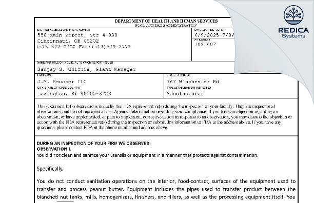 FDA 483 - J.M. Smucker LLC [Lexington / United States of America] - Download PDF - Redica Systems