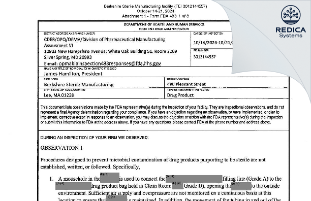 FDA 483 - Berkshire Sterile Manufacturing, Inc. [Lee / United States of America] - Download PDF - Redica Systems