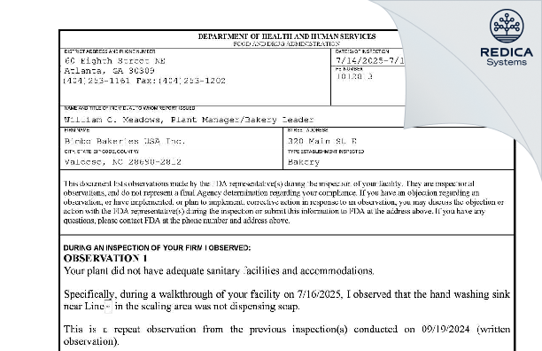 FDA 483 - Bimbo Bakeries USA, Inc [Valdese / United States of America] - Download PDF - Redica Systems