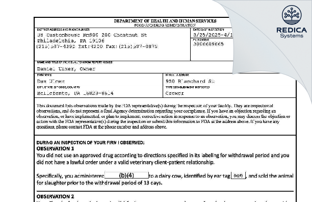 FDA 483 - Dan Ulmer [Bellefonte / United States of America] - Download PDF - Redica Systems