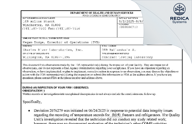 FDA 483 - Charles River Laboratories, Inc. [Wilmington / United States of America] - Download PDF - Redica Systems