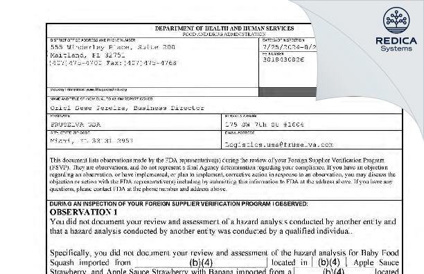 FDA 483 - FRUSELVA USA [Miami / United States of America] - Download PDF - Redica Systems