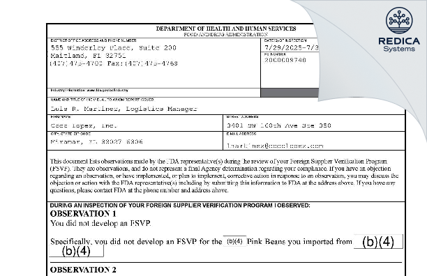 FDA 483 - COCO LOPEZ, INC. [Miramar / United States of America] - Download PDF - Redica Systems