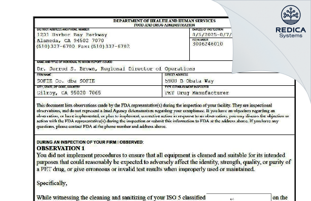 FDA 483 - SOFIE Co. dba SOFIE [Gilroy / United States of America] - Download PDF - Redica Systems
