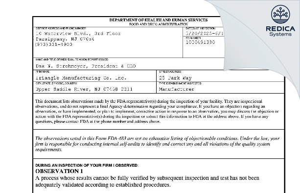 FDA 483 - TRIANGLE MANUFACTURING CO., INC. [Upper Saddle River / United States of America] - Download PDF - Redica Systems