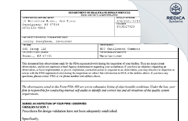 FDA 483 - DGI Group LLC [Howell / United States of America] - Download PDF - Redica Systems