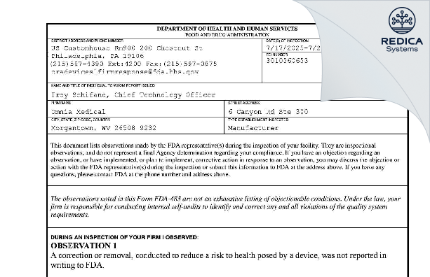 FDA 483 - Omnia Medical [Morgantown / United States of America] - Download PDF - Redica Systems