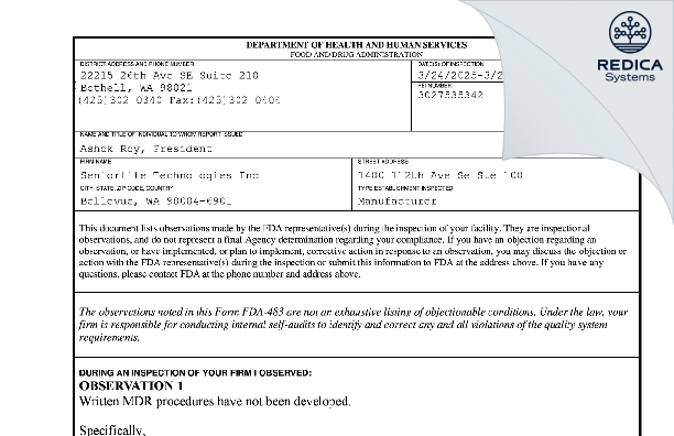 FDA 483 - SENIORLIFE TECHNOLOGIES INC [Bellevue / United States of America] - Download PDF - Redica Systems