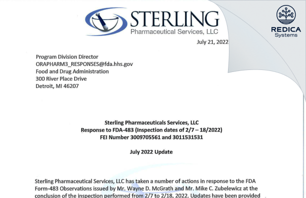 FDA 483 Response - Sterling Pharmaceutical Services, LLC [East Carondelet / United States of America] - Download PDF - Redica Systems