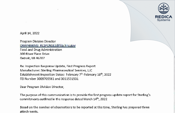FDA 483 Response - Sterling Pharmaceutical Services, LLC [East Carondelet / United States of America] - Download PDF - Redica Systems