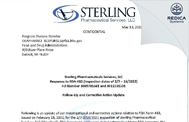 FDA 483 Response - Sterling Pharmaceutical Services, LLC [East Carondelet / United States of America] - Download PDF - Redica Systems