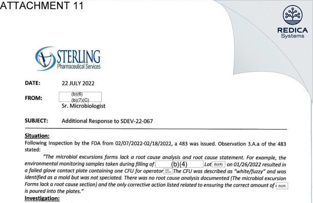 FDA 483 Response - Sterling Pharmaceutical Services, LLC [East Carondelet / United States of America] - Download PDF - Redica Systems