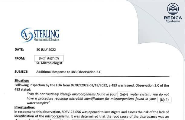FDA 483 Response - Sterling Pharmaceutical Services, LLC [East Carondelet / United States of America] - Download PDF - Redica Systems