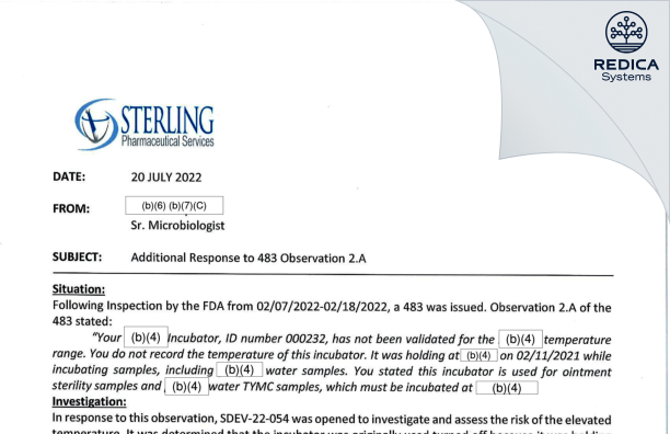 FDA 483 Response - Sterling Pharmaceutical Services, LLC [East Carondelet / United States of America] - Download PDF - Redica Systems